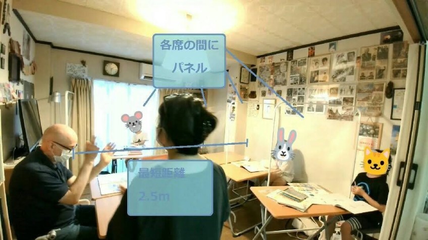 パネルと距離を保った教室内